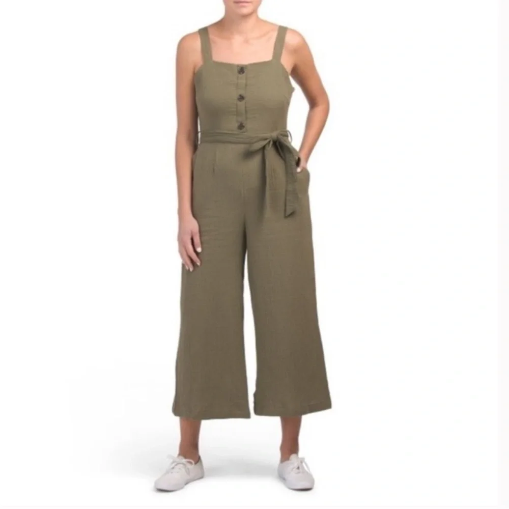 Rachel Zoe Olive Green Gauzy Crepe Cotton Wide Leg Crop Jumpsuit Pockets